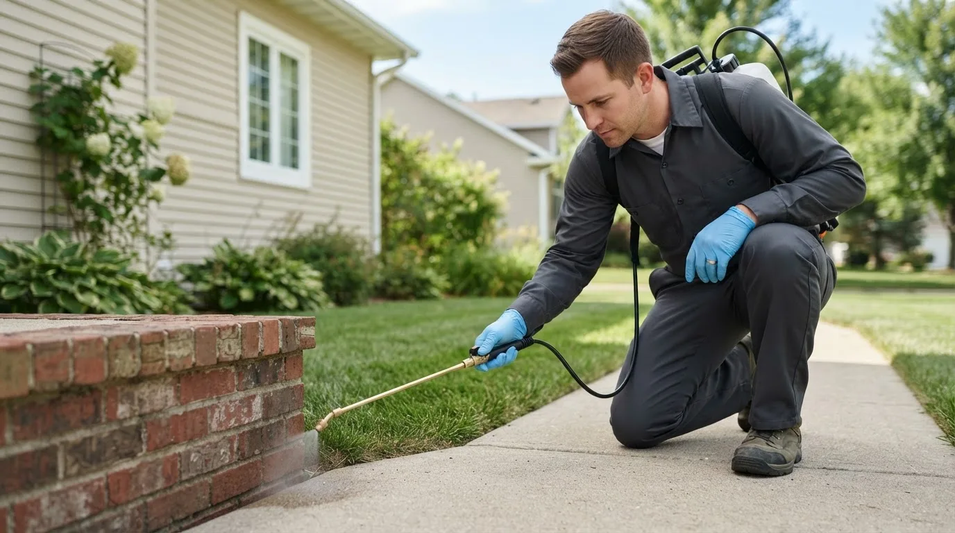 Pest control technician treating a home near La Crosse, FL